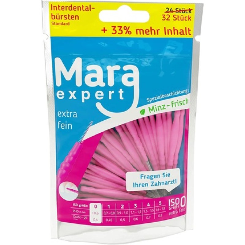 MARA EXPERT Interdental Brushes 0.4mm ISO 0 Extra Fine Pink 32 Pack - Standard Dental Brushes Pack of 32