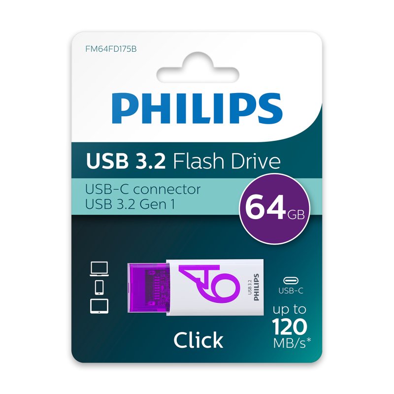 Philips Click USB flash drive 64 GB USB Type-C 3.2 Gen 1 (3.1 Gen 1) Violet, White