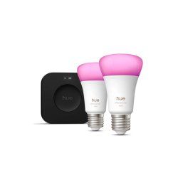 Philips Hue White and Color ambiance Kit de démarrage : deux ampoules connectées de couleur E27 Hue Bridge Pro