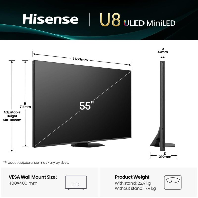 Hisense 55U8Q 139.7 cm (55 ) 4K Ultra HD Smart TV Wi-Fi Black 700 cd/m2