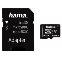 Hama 16GB MicroSDHC Card with SD Adapter, Class 10 UHS-I, V10, Up to 80MB/s