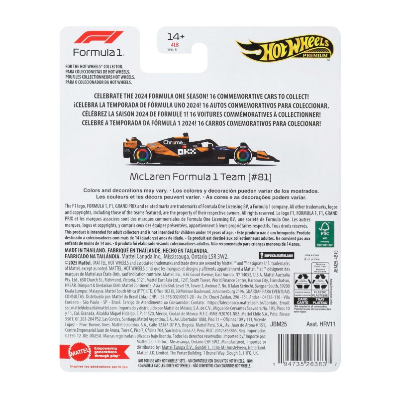 Hot Wheels 1:64 Scale Premium Die-Cast Formula 1 Collectible Toy Race Car (Styles May Vary)