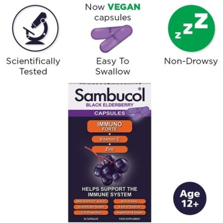 Sambucol Natural Black Elderberry Immuno Forte Capsules with Vitamin C and Zinc 30 Capsules