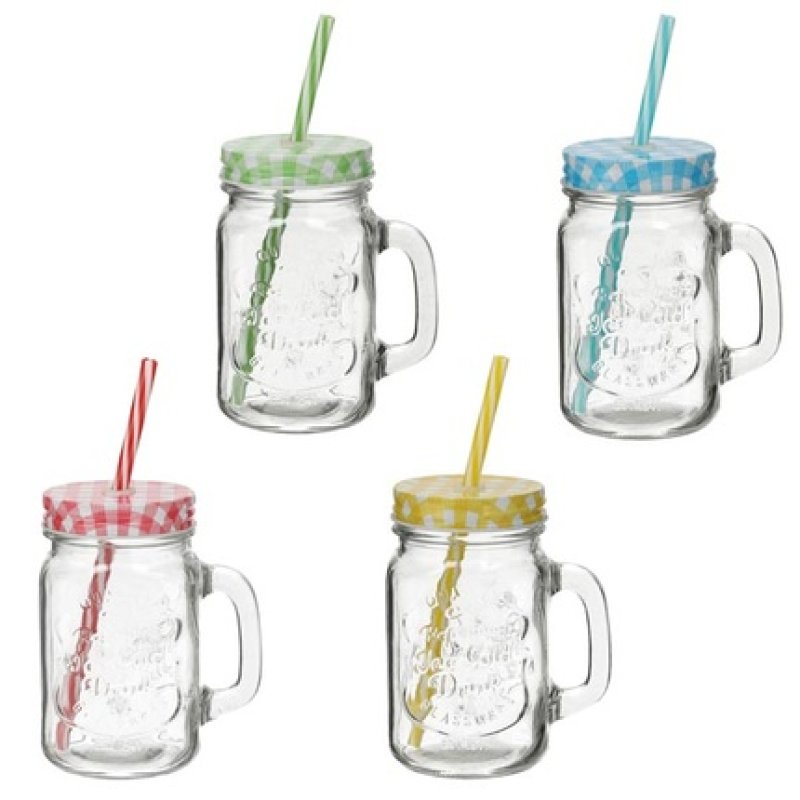 Cepewa Drinking Glass With Handle, Lid And Drinking Straw - 350ml, Assorted Colors Blue, Red, Green, Yellow