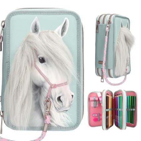 Miss Melody - Triple Pencil Case With Horse Head Application - Sage Green