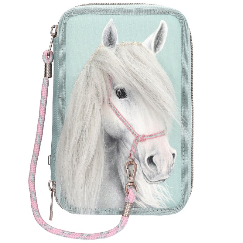 Miss Melody - Triple Pencil Case With Horse Head Application - Sage Green