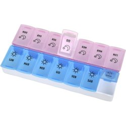 Gima Weekly Pill Box with Italian Days and 2 Separate Compartments for Morning (Purple) and Afternoon (Light Blue)