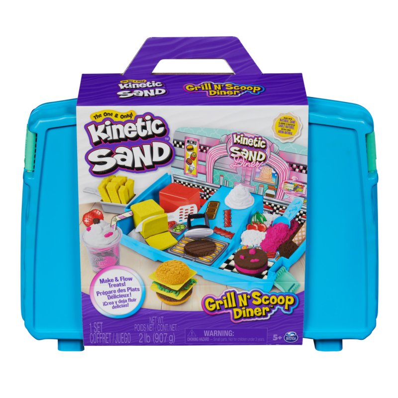 Kinetic Sand Grill N’ Scoop Diner, 2lbs of Yellow, Pink, White Brown & Green Play Sand, 27 Kitchen Tools, Folding