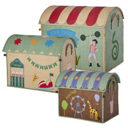 Rice - Raffia Toy Baskets with Fun Fair Theme - Blue - Set of 3,