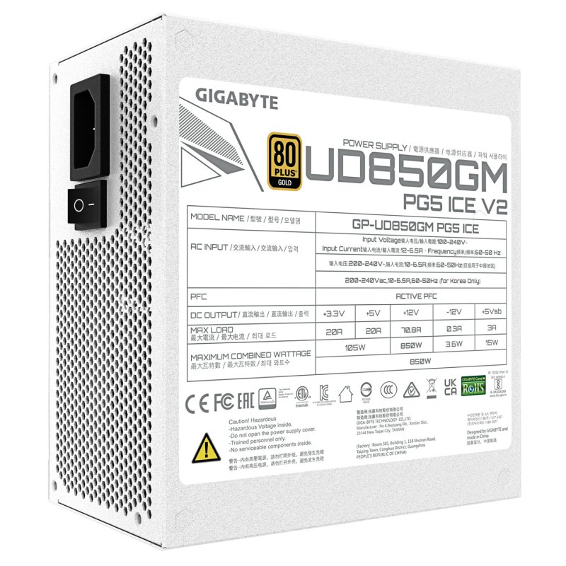 GIGABYTE UD850GM PG5 V2 ICE Power Supply Unit- PCIe Gen 5.1, 80 PLUS Gold, Fully Modular Design, 120mm Fan, ATX 3.1
