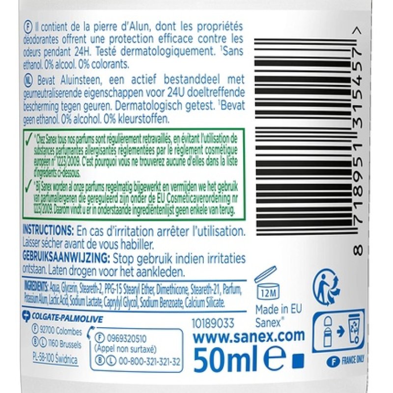 SANEX Natur Protect Sensitive Skin Roll-On Deodorant with Alum Stone for Men and Women 50ml