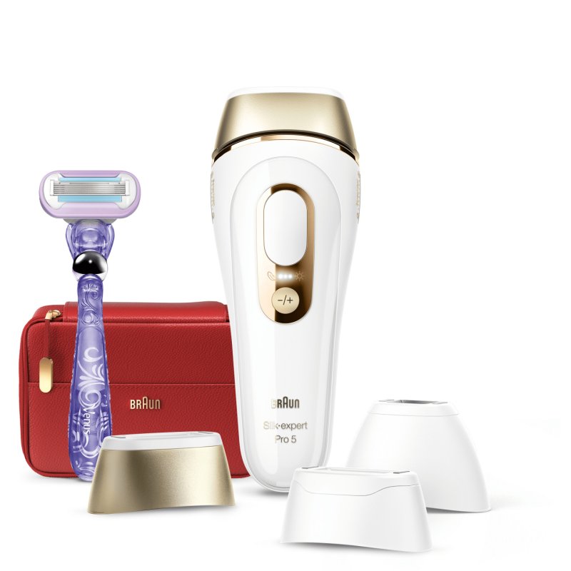 Braun IPL Silk-Expert Pro 5 Women's Hair Removal Device with Venus Razor and Bag White/Gold