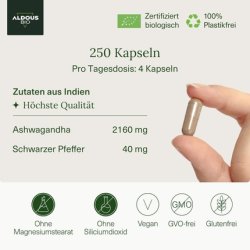 Bio Ashwagandha Capsules 2160mg 250 Capsules with Black Pepper Without Additives Withania Somnifera Highest Absorption