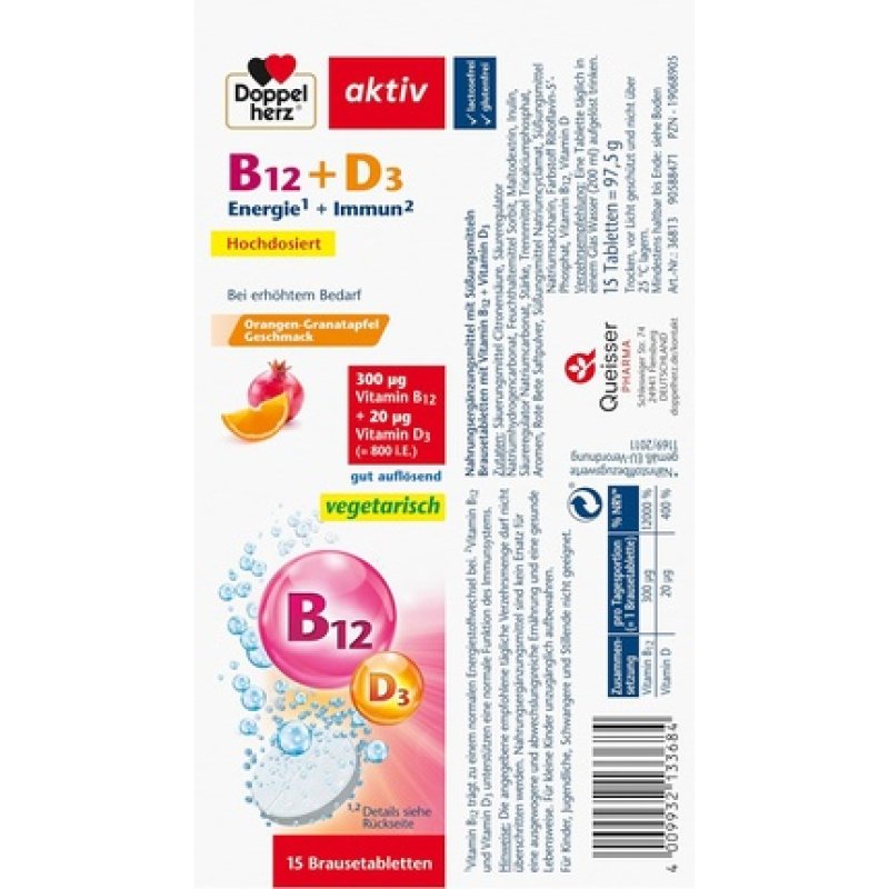 Doppelherz Vitamin B12 D3 High Dose with 300mcg Vitamin B12 and 800 IU Vitamin D3 for Normal Immune System Function