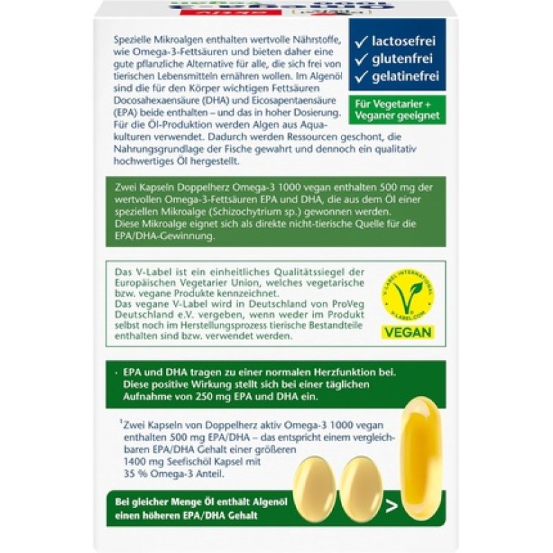 Doppelherz Omega-3 1000 Vegan High-Dose Omega-3 Fatty Acids EPA & DHA from Plant Algae Oil 60 Small Vegan Capsules