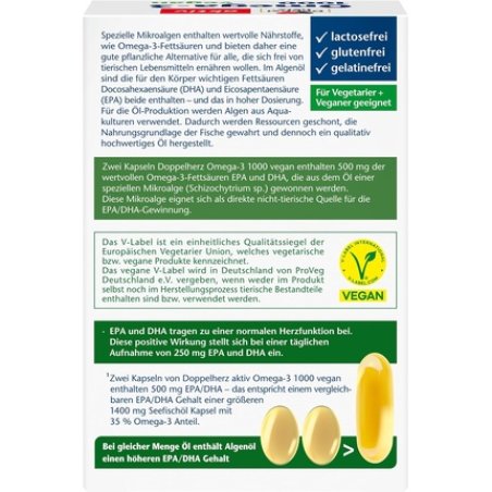 Doppelherz Omega-3 1000 Vegan High-Dose Omega-3 Fatty Acids EPA & DHA from Plant Algae Oil 60 Small Vegan Capsules