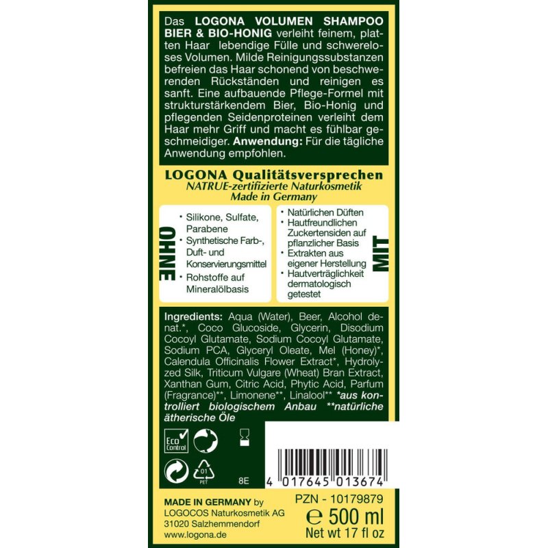 LOGONA Naturkosmetik Volume Shampoo Beer & Organic Honey 500ml