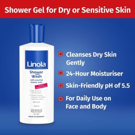 Linola Shower and Wash 300ml 24-Hour Moisturizing pH Balanced Body Wash for Dry Skin