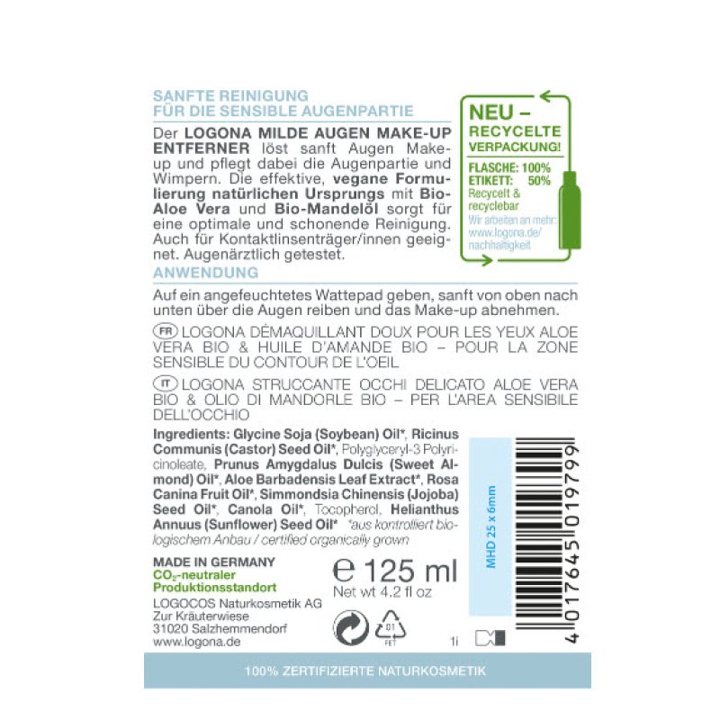 Logona Organic Eye Make-Up Remover Natural Cosmetics With Organic Aloe Vera And
