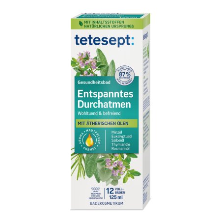 tetesept Relaxing Breathing Bath - Health Bath with 5 Natural Essential Oils - Soothing Bath Additive for Relaxation
