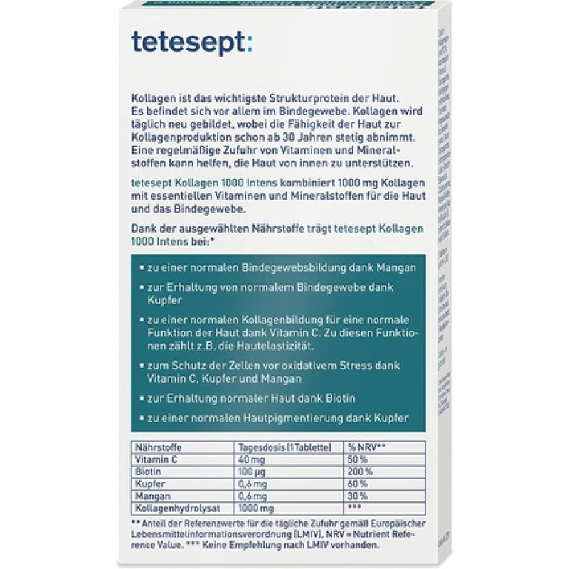 tetesept Kollagen 1000 Intens Collagen Supplement with Vitamin C, Biotin, Copper & Manganese for Skin Health 30 Tablets