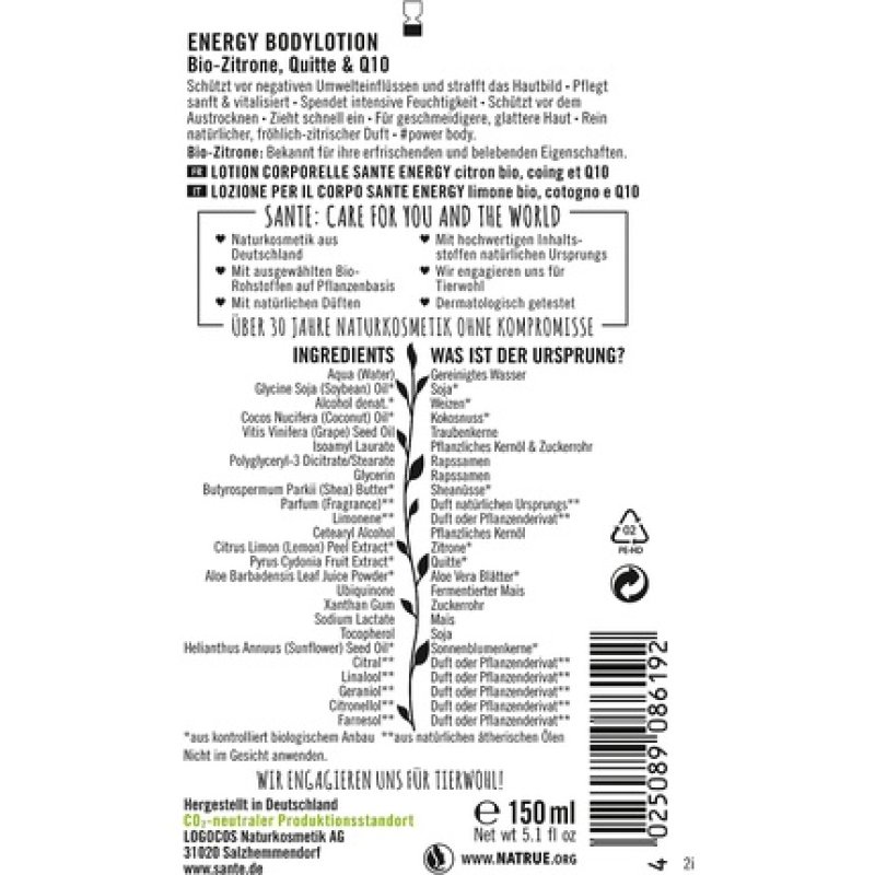 SANTE Energy Organic Lemon & Quince 150 ml Lotion Femmes