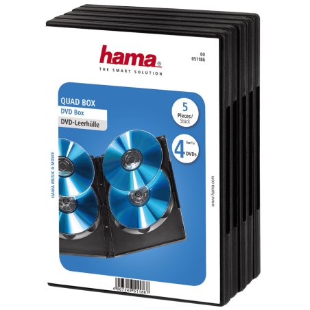 Hama Quad Box DVD/Blu-Ray Jewel Cases, 4 Discs per case, 5 pack, Black