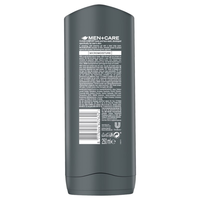 Dove Clean Comfort 250 ml Gel douche Hommes Corps et visage