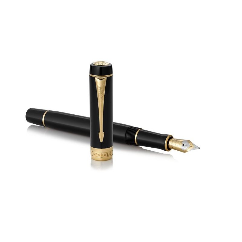 Parker - Duofold Centennial Fountain Pen - Classic Black with Gold Trim - Medium Solid Gold Nib