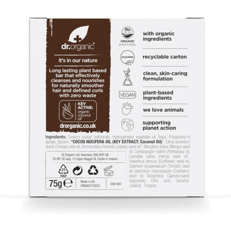 Dr Organic Coconut & Orange Shampoo & Conditioner Bar for Nourishing Curly & Thick Hair 75g