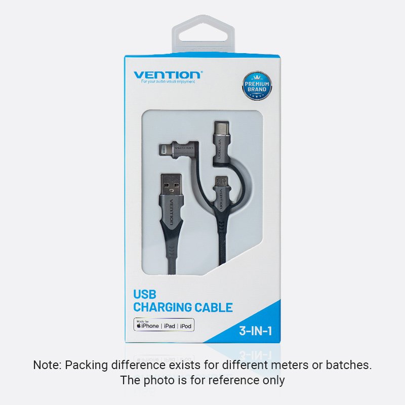 Vention USB 2.0 A Male to 3-in-1 Micro-B&USB-C&Lightning Male Cable 1M Gray Aluminum Alloy Type