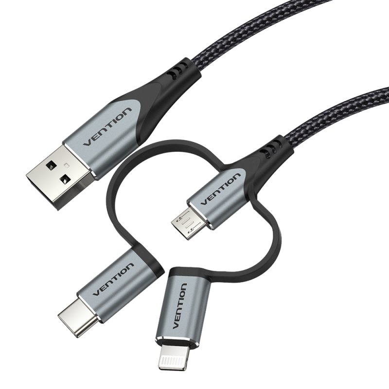 Vention USB 2.0 A Male to 3-in-1 Micro-B&USB-C&Lightning Male Cable 1M Gray Aluminum Alloy Type