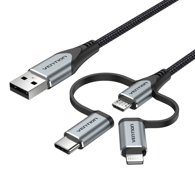 Vention USB 2.0 A Male to 3-in-1 Micro-B&USB-C&Lightning Male Cable 1M Gray Aluminum Alloy Type
