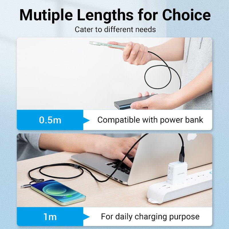 Vention USB 2.0 A Male to 3-in-1 Micro-B&USB-C&Lightning Male Cable 1M Gray Aluminum Alloy Type