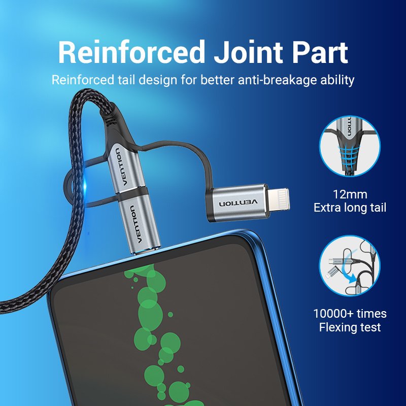 Vention USB 2.0 A Male to 3-in-1 Micro-B&USB-C&Lightning Male Cable 1M Gray Aluminum Alloy Type