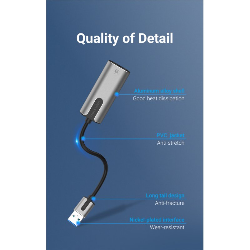 Vention USB 3.0-A to Gigabit Ethernet Adapter Gray 0.15M Aluminum Alloy Type
