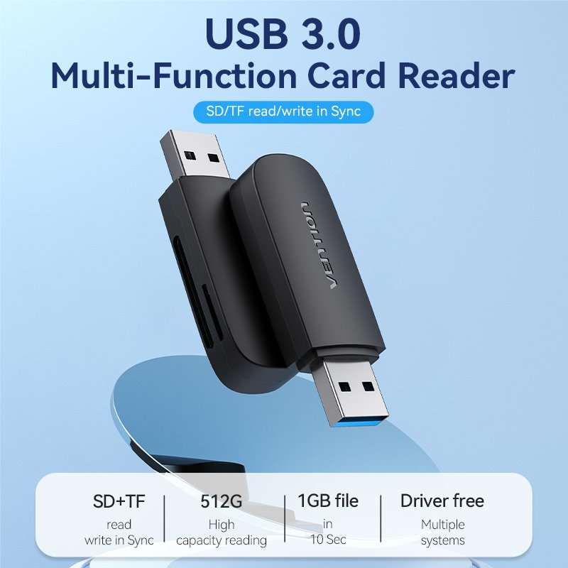Vention 2-in-1 USB 3.0 A Card Reader(SD TF) Black Dual Drive Letter
