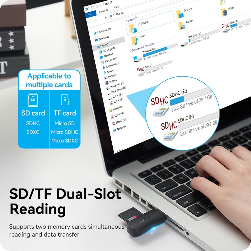Vention 2-in-1 USB 3.0 A Card Reader(SD TF) Black Dual Drive Letter