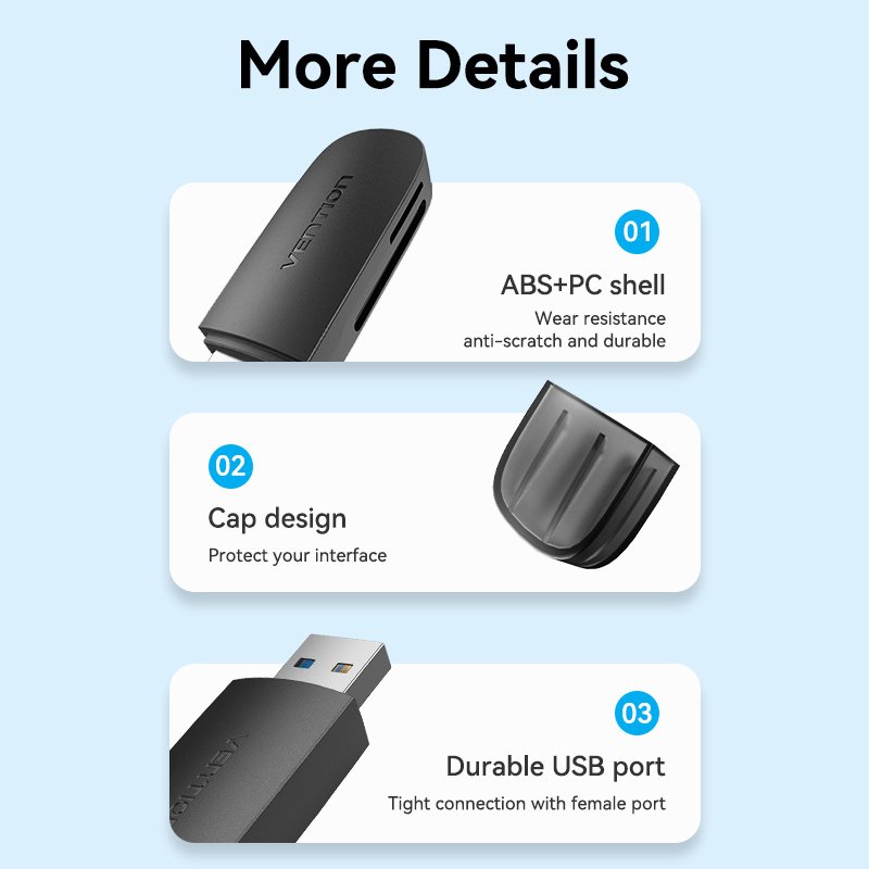 Vention 2-in-1 USB 3.0 A Card Reader(SD TF) Black Dual Drive Letter