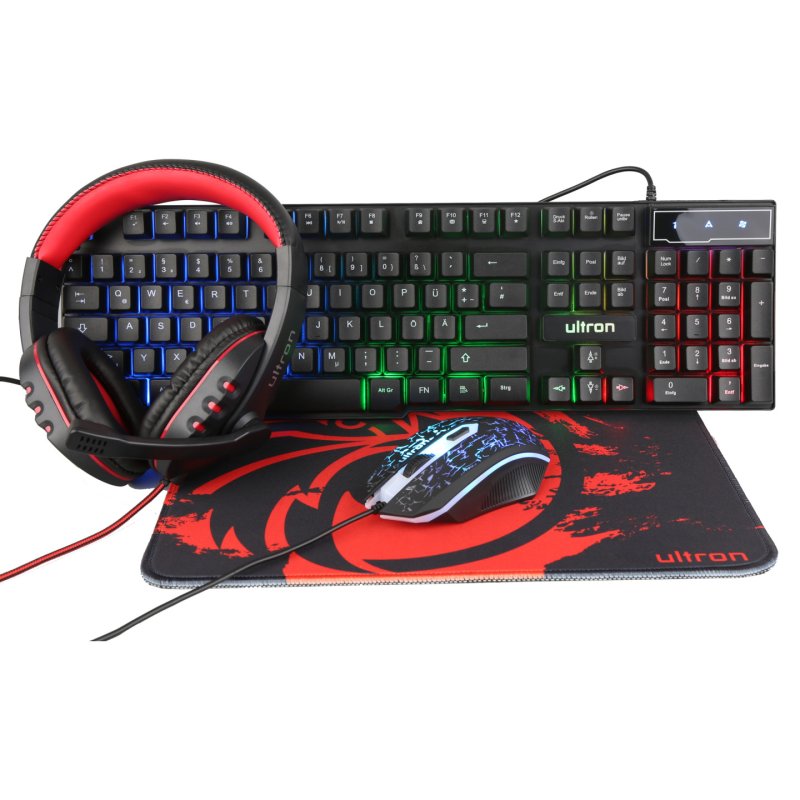 Ultron HAWK Gaming Set clavier Souris incluse QWERTZ Allemand Noir, Rouge, Blanc