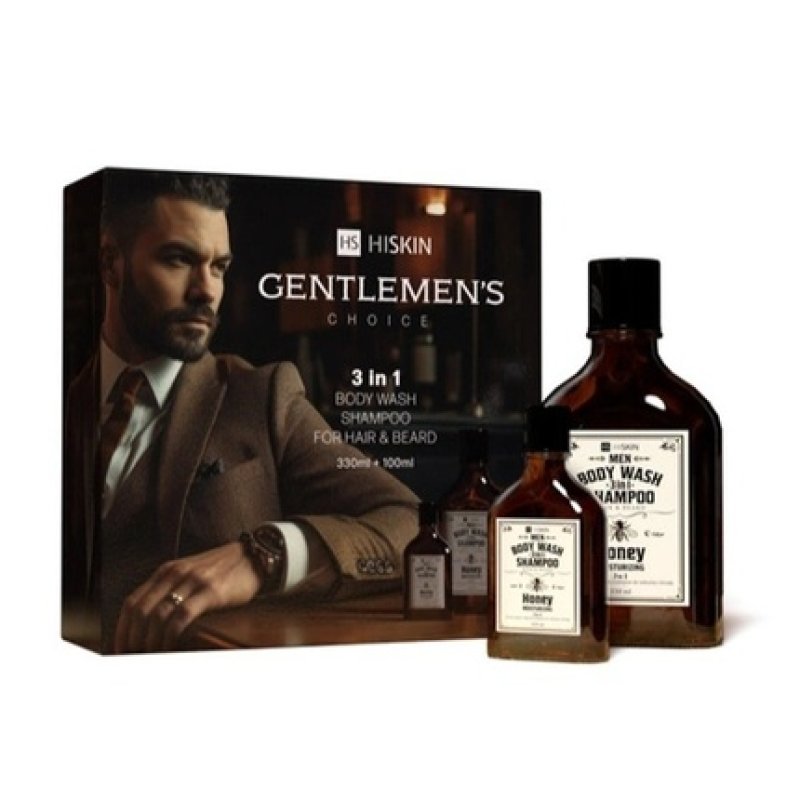 Hiskin Gentlemans Choice Whisky Body Wash And Shampoo For Hair And Beard 3 In 1 Honey Set 330ml 100ml