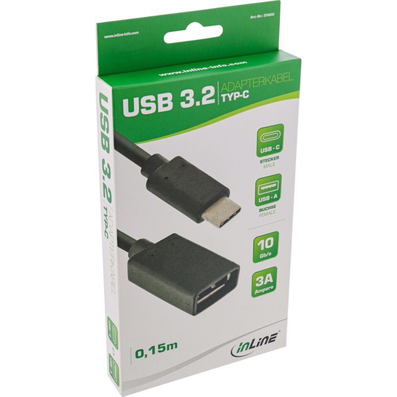 INLINE USB 3.1 Adapterkabel Typ C Stecker an A Buchse schwarz 0,15m