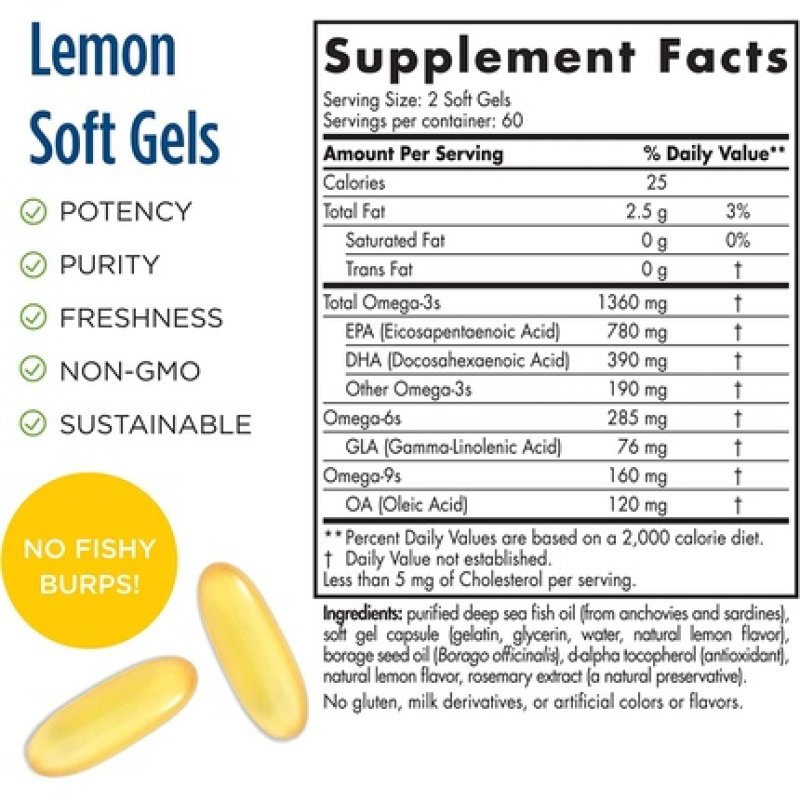 Nordic Naturals ProOmega 3-6-9 Lemon Flavor Soft Gels 120 Count 1360mg