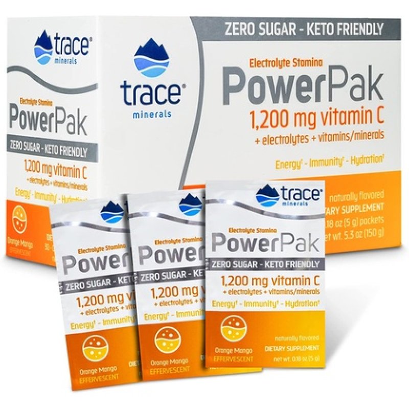 Trace Minerals Electrolytes Powder Packets Orange Mango Keto Friendly 1200mg Vitamin C Non-GMO - 30 Count