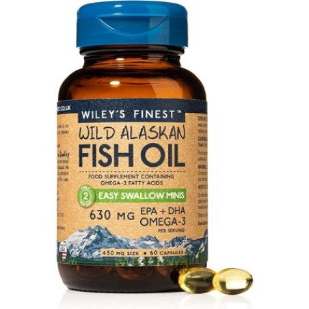 Wiley's Finest Easy Swallow Minis 630mg EPA DHA Omega-3 Natural Wild Alaskan Fish Oil Food Supplement 60 Capsules
