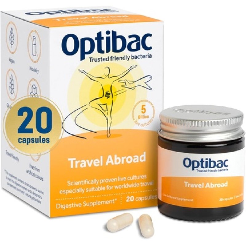 Optibac Travel Abroad Probiotics Vegan Digestive Probiotic Supplement 20 Capsules 5 Billion Live Cultures