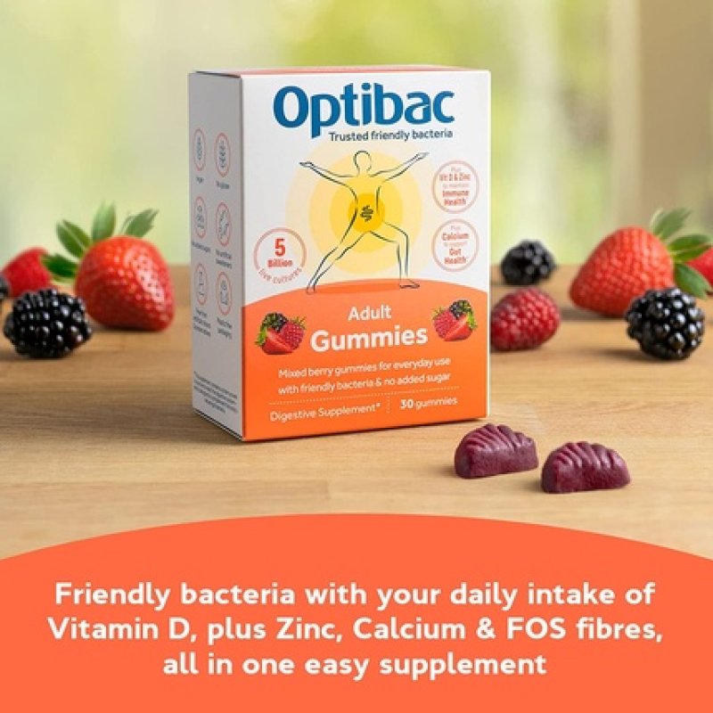 Optibac Probiotics Adult Gummies Vegan Digestive Supplements with Vitamin D Zinc and Calcium 30 Gummies
