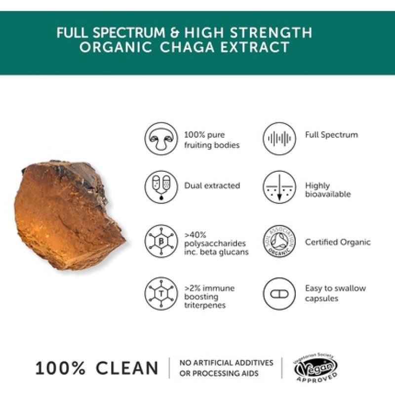 Organic Chaga High Strength 9000mg Full Spectrum 40% Polysaccharides 30% Beta-glucans Triterpenes Additive Free Capsules