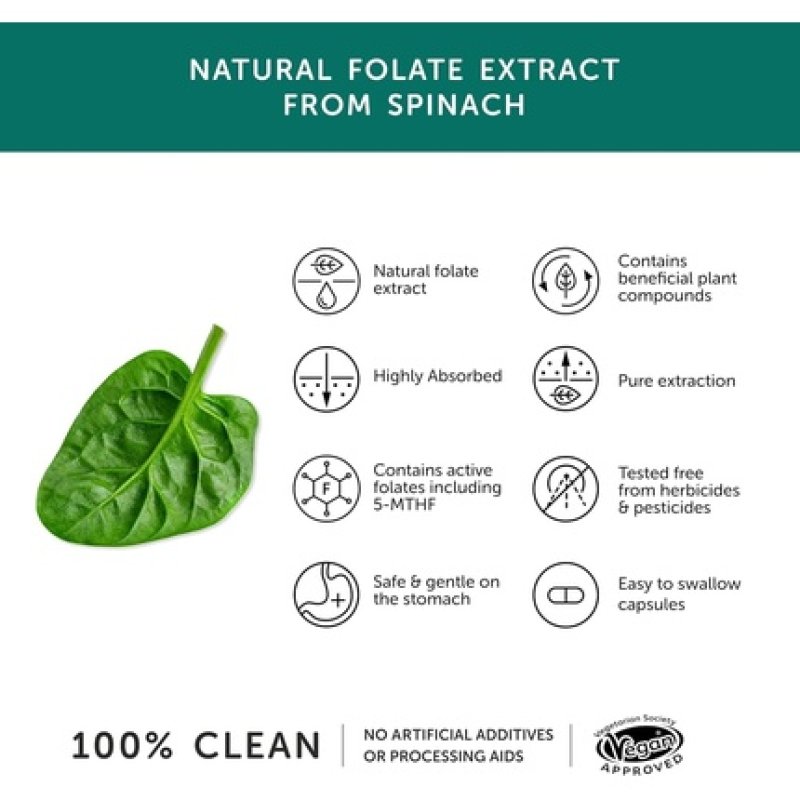 Folate from Spinach Natural Alternative to Folic Acid 400mcg Contains 5-MTHF Vegan Made in The UK 30 Capsules
