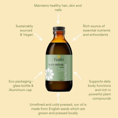 Fushi Organic Virgin Fresh-Pressed Black Seed Oil 250ml - Improves Hair, Skin, and Nails